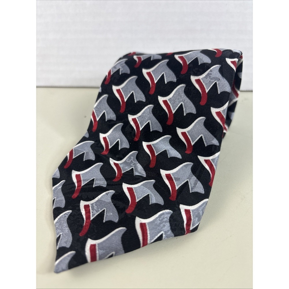 100% All Silk Necktie Je Suis Black/Gray/Red Geometric Tie USA Made VTG '90 65x4